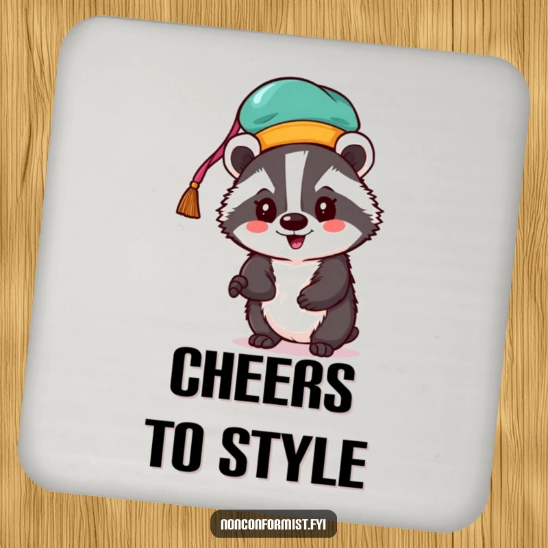 Funny badger coaster featuring an enthusiastic badger wearing a colorful, quirky hat.