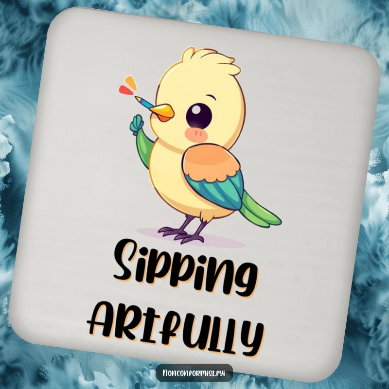 Funny bird drink coaster featuring a colorful character painting a stripe onto its own wing, adding artistic flair.