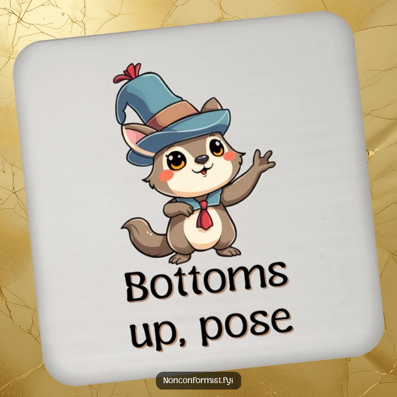 Funny animal character in an eccentric hat, striking a dramatic pose, on protective and humorous drink coasters.