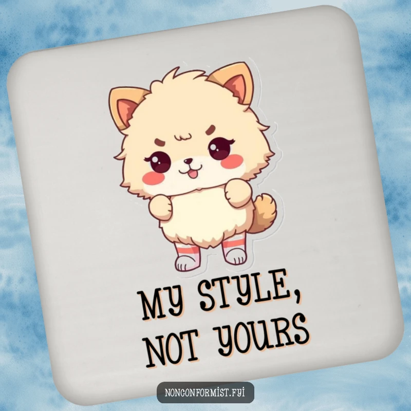 Funny Drink Coaster: Fluffy animal wearing odd socks, looking defiantly proud, protecting surfaces with humor.