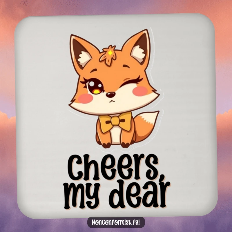 Funny fox coaster featuring a winking fox wearing a slightly crooked bow tie, a charming accent.