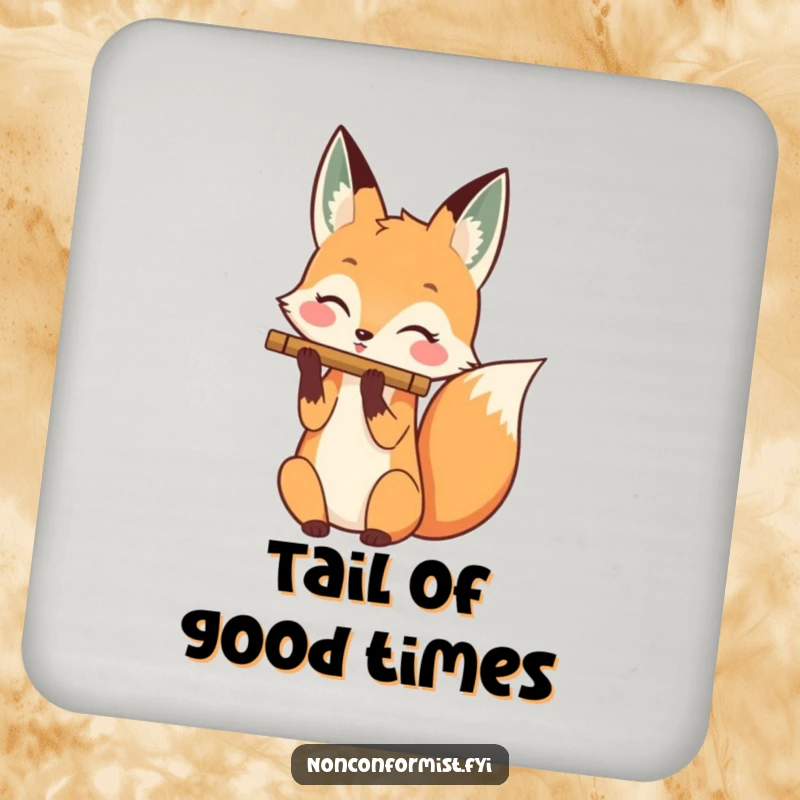 Funny drink coaster with a happy fox playing a flute with its tail, adding musical flair and surface protection.