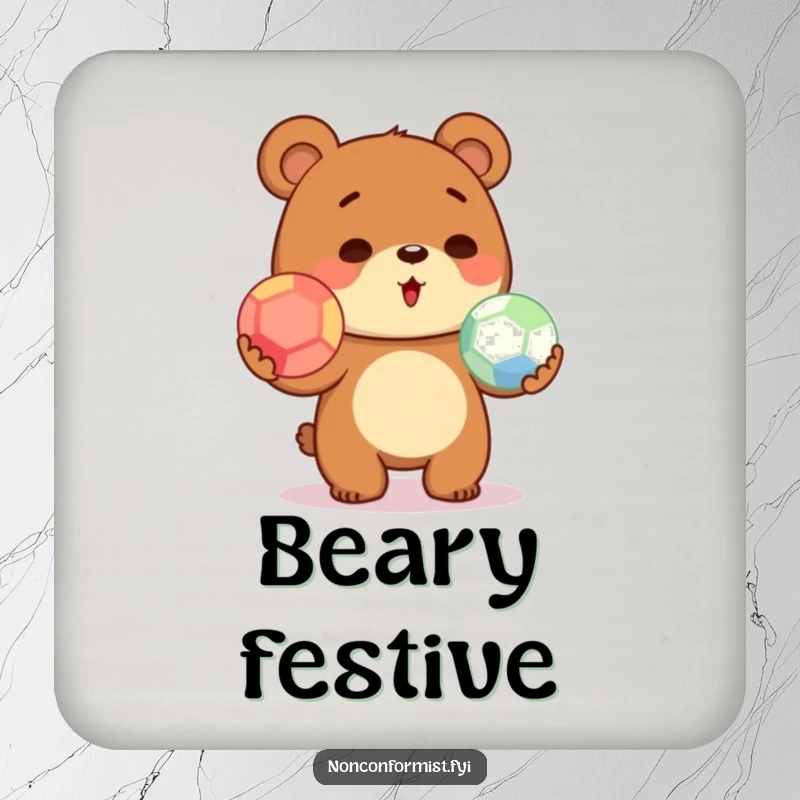 Funny cute bear juggling colorful balls on a drink coaster, adding a touch of playful humor to any table.