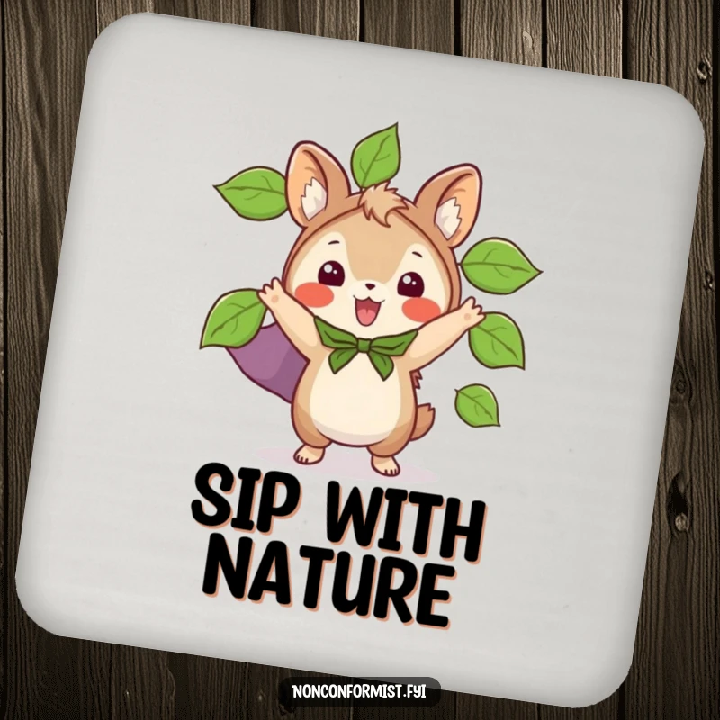 Funny drink coaster featuring a small animal character wearing an exciting cape made of leaves, bringing natural humor.