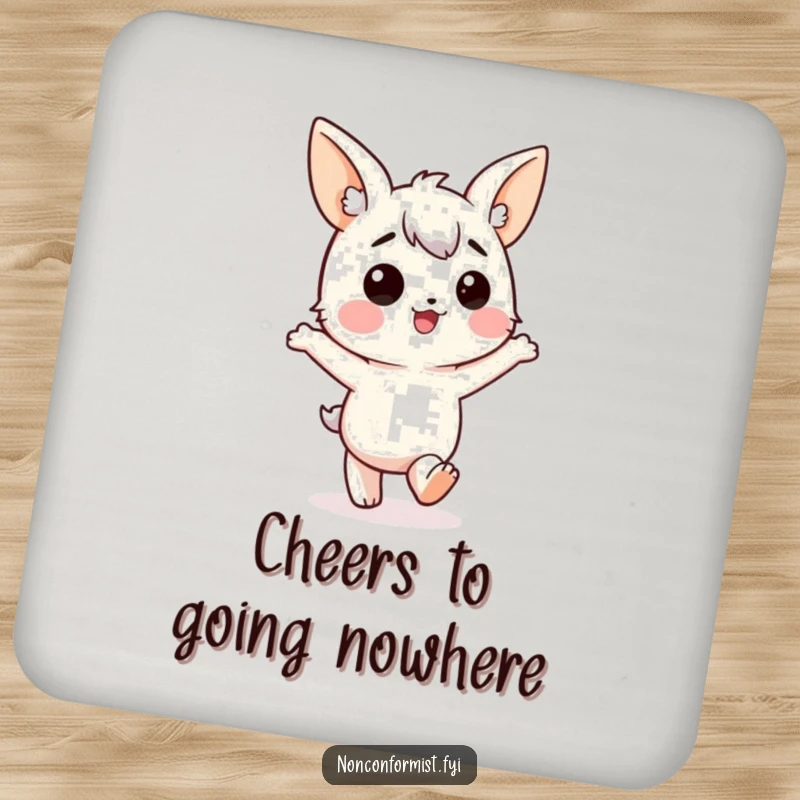 Funny Drink Coaster: Character with mismatched ears, marching happily in the wrong direction, humorous surface protection.