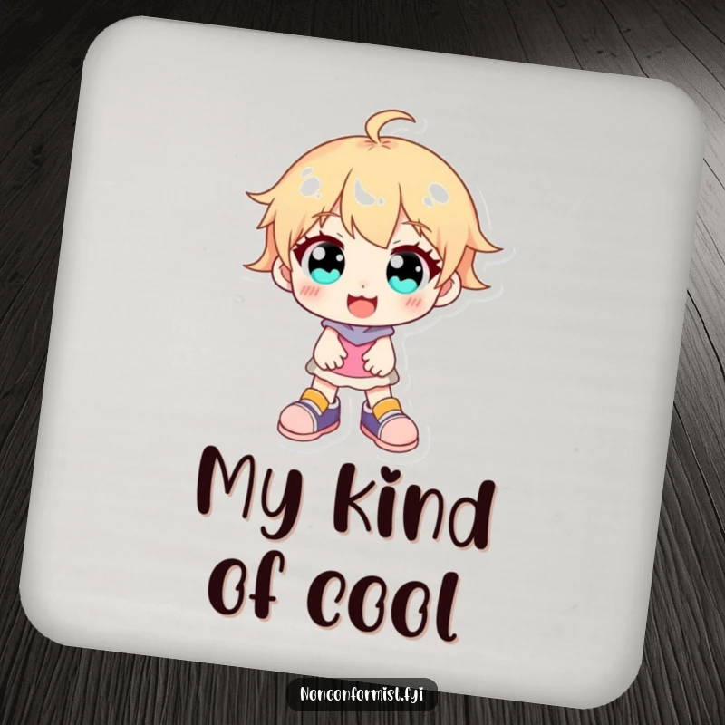 Funny character art on a drink coaster, showcasing bright eyes, a smile, and notably mismatched shoes for a touch of humor.