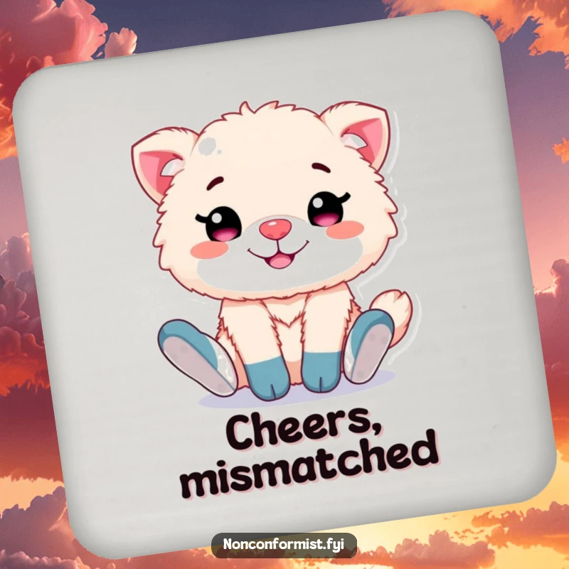 Funny coaster featuring a cute, fluffy animal character grinning proudly, showcasing its mismatched socks, adding humor to beverage service.