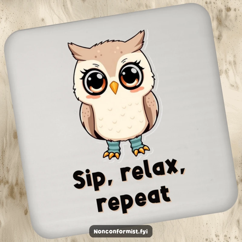 Funny owl coaster featuring a cute owl with mismatched socks, a questioning expression, drink accessory.