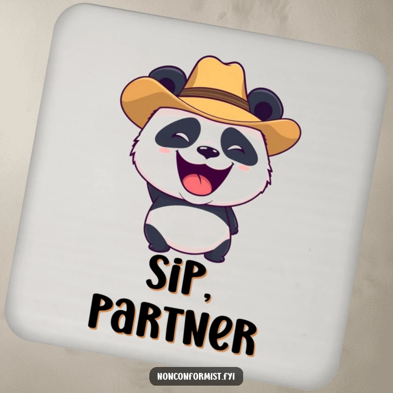 Funny panda character wearing a cowboy hat and roaring playfully, on a drink coaster for humorous table protection.