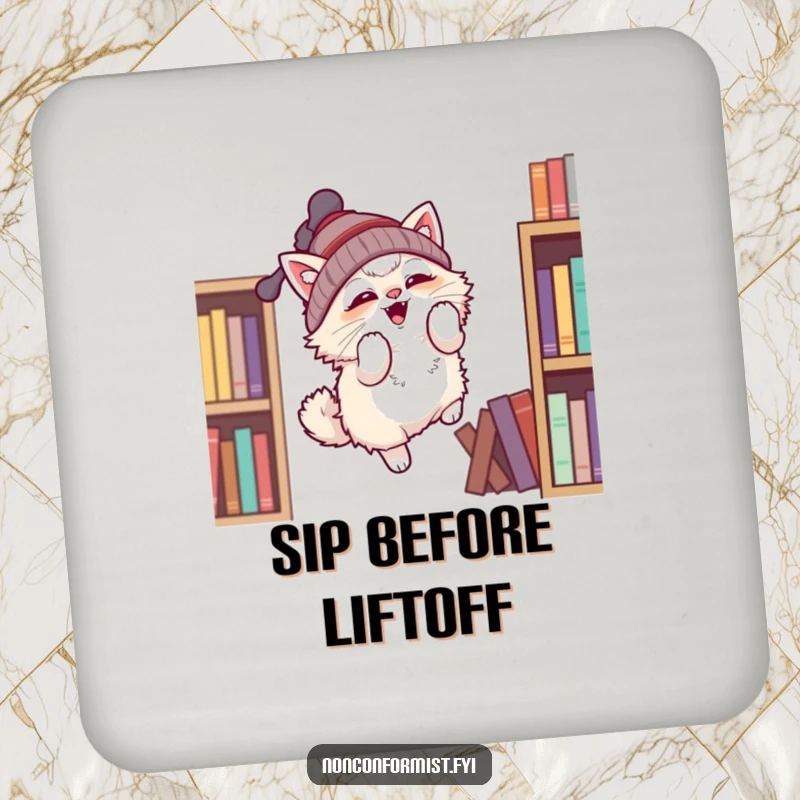 Funny drink coaster with a fluffy cat in a propeller beanie trying to fly, a stylish and funny gift.