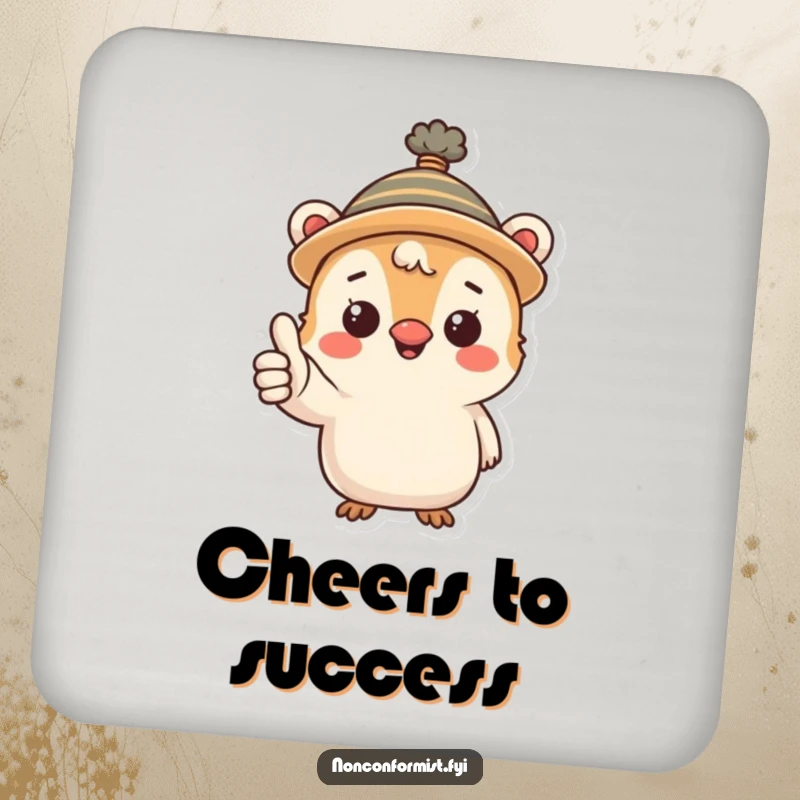 Funny drink coaster featuring a little creature in a quirky hat giving a thumbs-up, adding a humorous and friendly accent.
