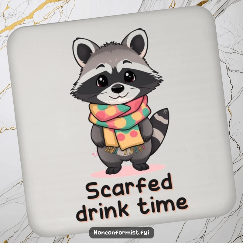 Funny drink coaster with a standout raccoon character tilting curiously, wearing a brightly patterned handmade scarf, protecting surfaces with humor.