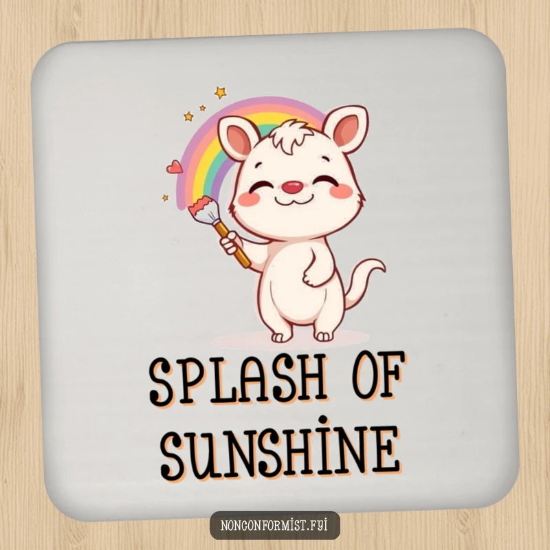 Funny Coaster: A silly-grinning animal paints a bright rainbow on a grey background, adding artistic humor.