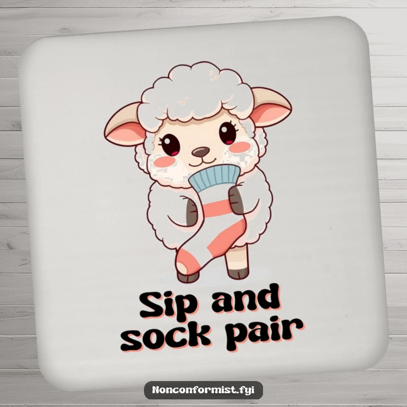 Funny drink coaster featuring a fluffy sheep proudly wearing a mismatched sock, adding a humorous and protective touch to furniture.