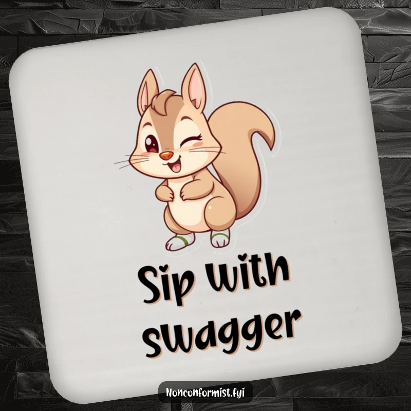 Funny mischievous squirrel winking and wearing mismatched socks, featured on a set of charming coasters.