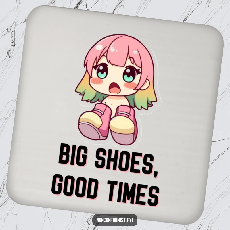 Funny Coasters with a surprised character in oversized, bright shoes. Protective and humorous funny gift.
