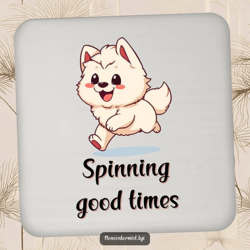 Funny Coaster: A grinning dog character enthusiastically chasing its tail, acting as a humorous protector for drinks.