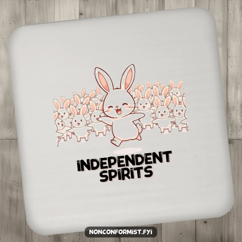 Funny rabbit coaster featuring a joyful rabbit hopping away from a flock, a unique accent.