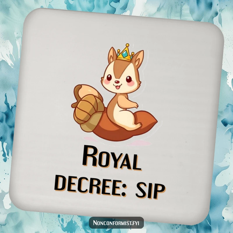 Funny drink coaster featuring a mischievous squirrel king in a crown riding a rolling acorn.