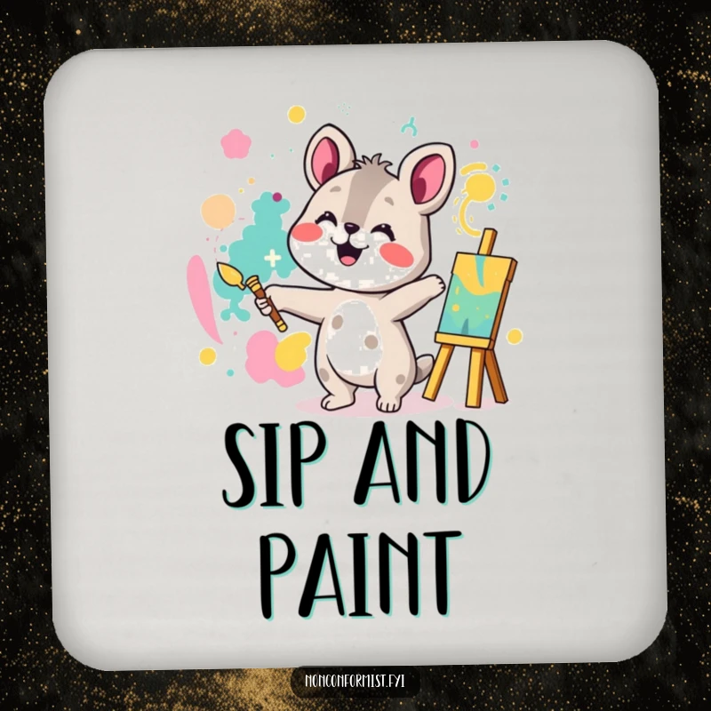 Funny coaster featuring an animal character joyfully painting a bright abstract pattern, adding artistic humor to beverage service.