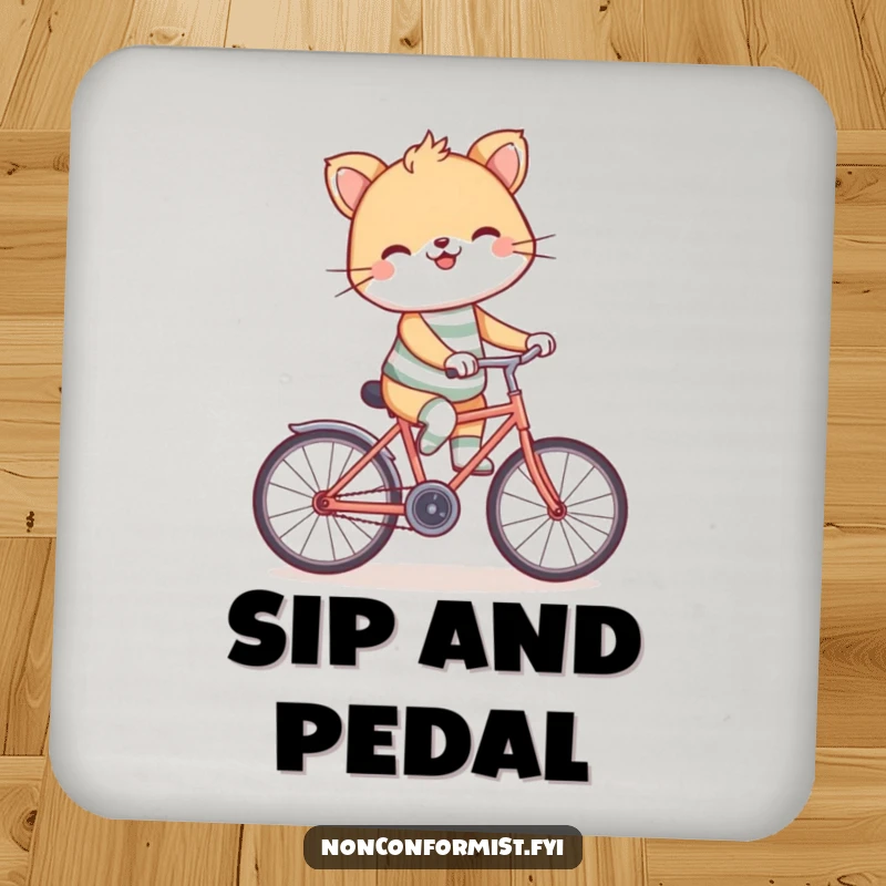 Funny backward bicycle drink coasters featuring a grinning animal in mismatched socks, riding a bike backwards, adding charm.