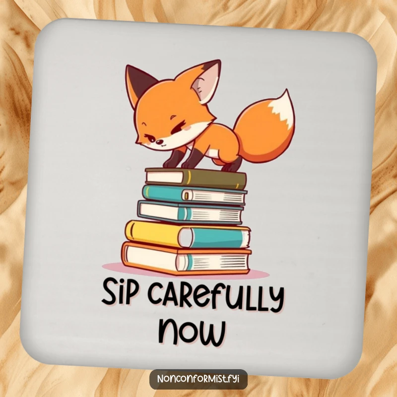 Funny drink coaster featuring a determined fox character balancing on a stack of books.