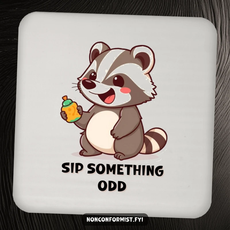 Funny unique badger character bounces with excitement holding a brightly colored, unusual object, featured on a set of charming coasters.