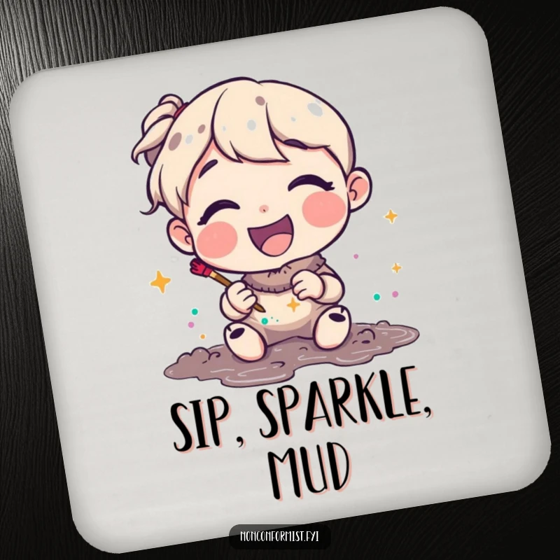 Funny Coasters with a joyful character happily making art with glitter and mud. Protective and humorous funny gift.