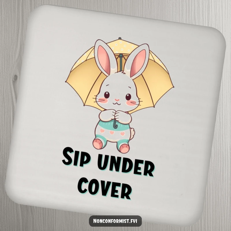 Funny drink coaster featuring a shy bunny, mismatched socks, and umbrella, a stylish and funny gift.