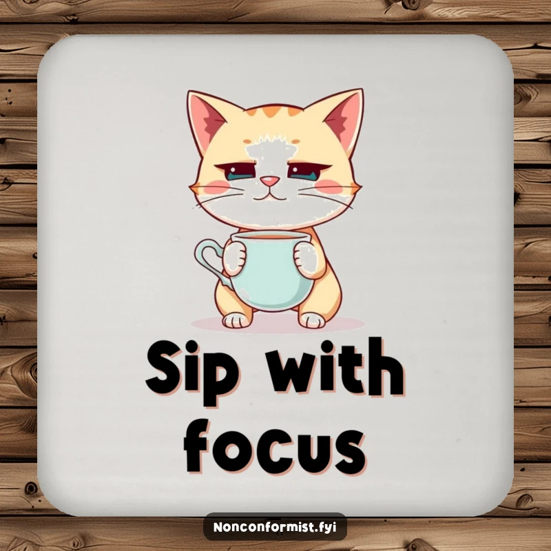 Funny Cat Coaster: A quirky cat intensely balancing a teacup on its nose, protecting surfaces with humorous focus.
