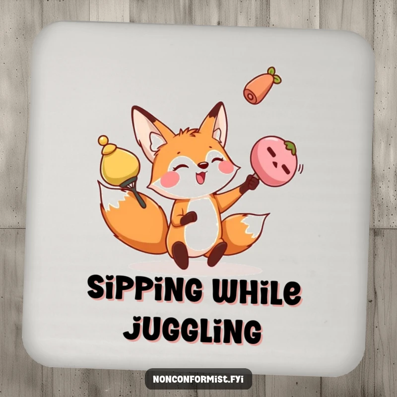 Funny fox drink coaster featuring a playful character juggling odd objects with deftness and humor.