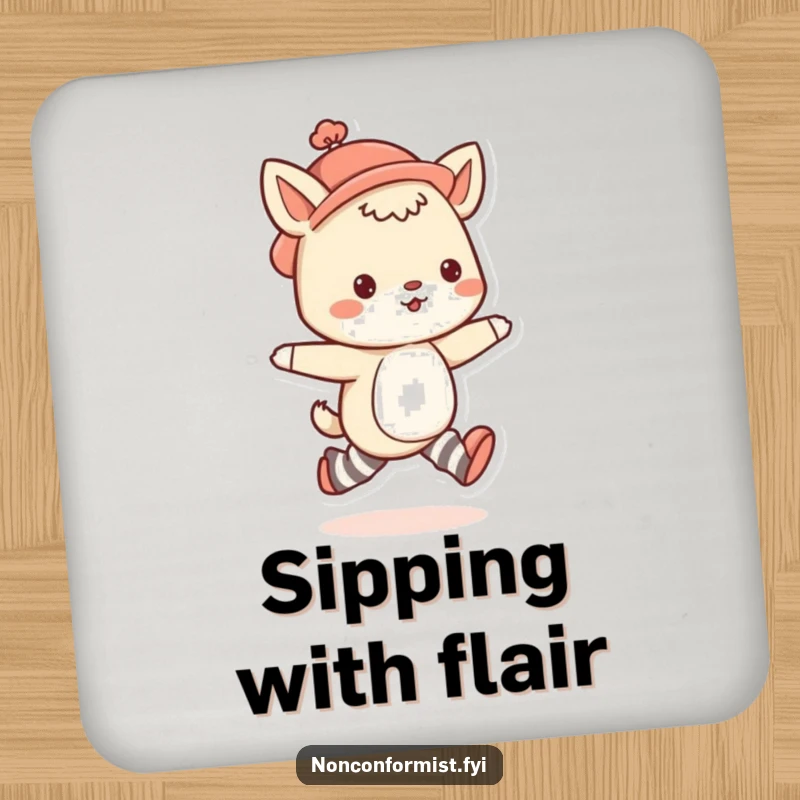 Funny animal drink coaster featuring a cute character in mismatched socks and a quirky hat, skipping happily.