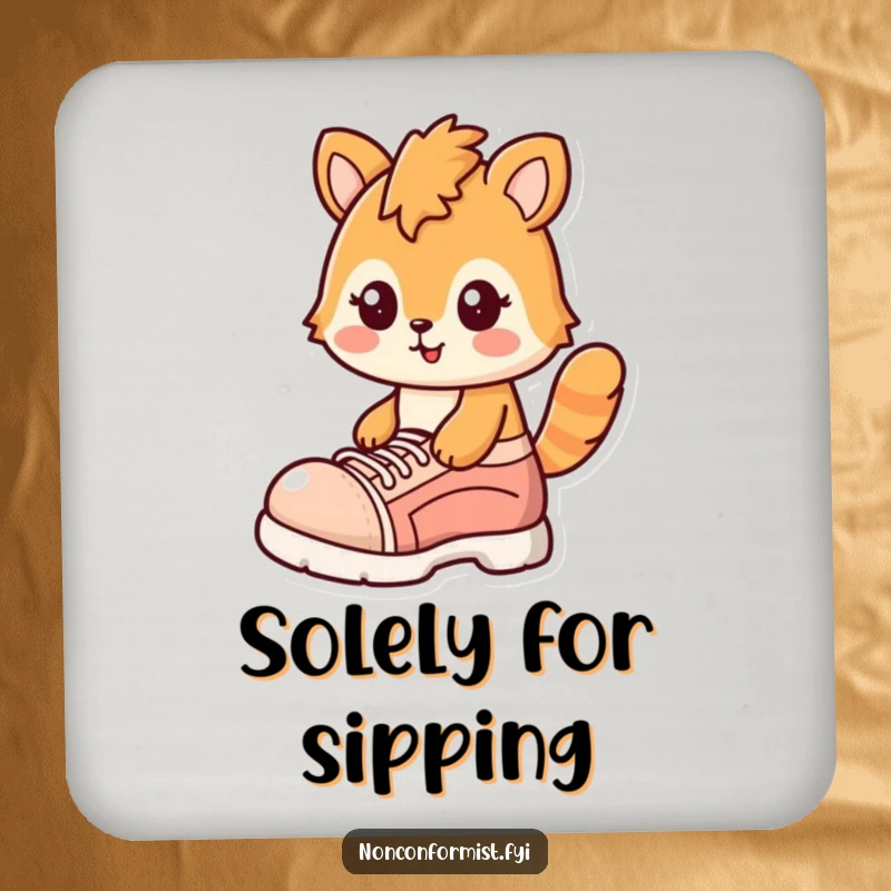 Funny drink coaster with a wacky frog character sporting a cheerful smirk and a single, oversized shoe.