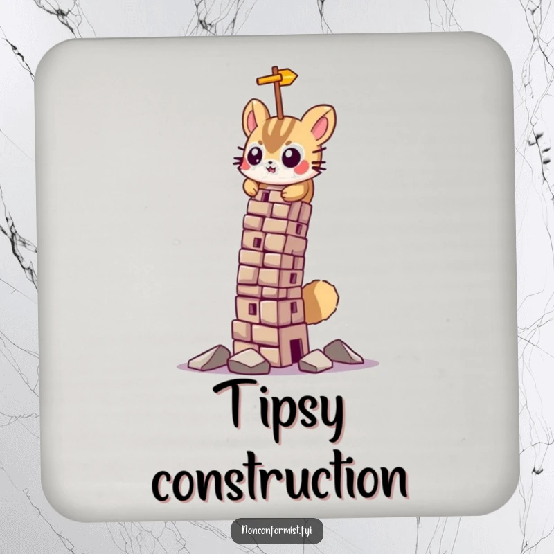 Funny drink coaster with a small, determined bird character working to build a comically leaning tower.