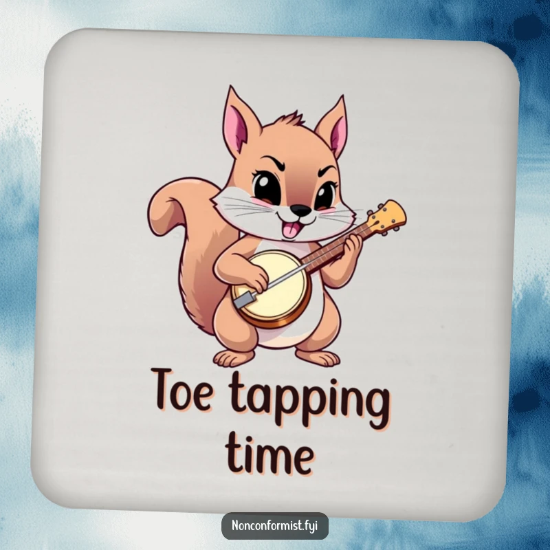Funny squirrel coaster featuring a squirrel playing a banjo defiantly, a musical accent.