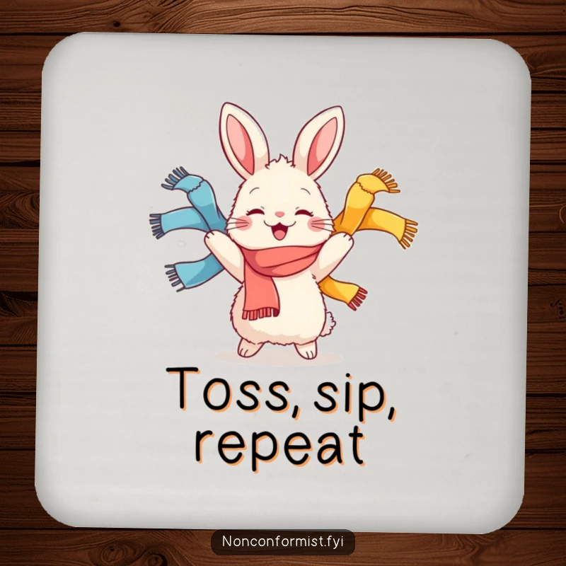 Funny drink coaster featuring a fluffy rabbit character joyfully juggling colorful scarves, adding humor and vibrant style to surfaces.