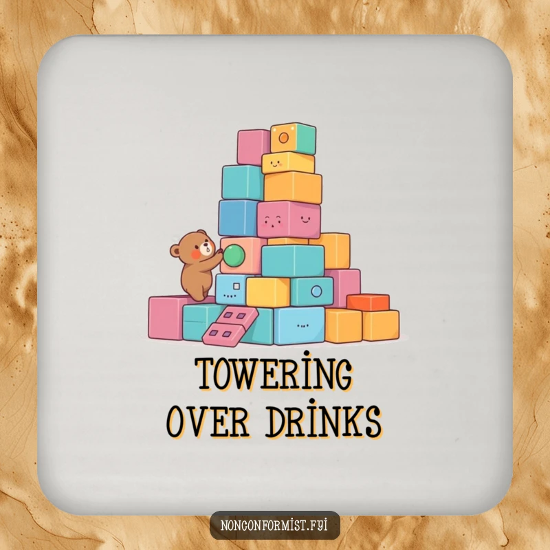 Funny Bear Coaster featuring a small bear character building a lopsided tower of colorful, unusual blocks, adding humorous and protective charm.