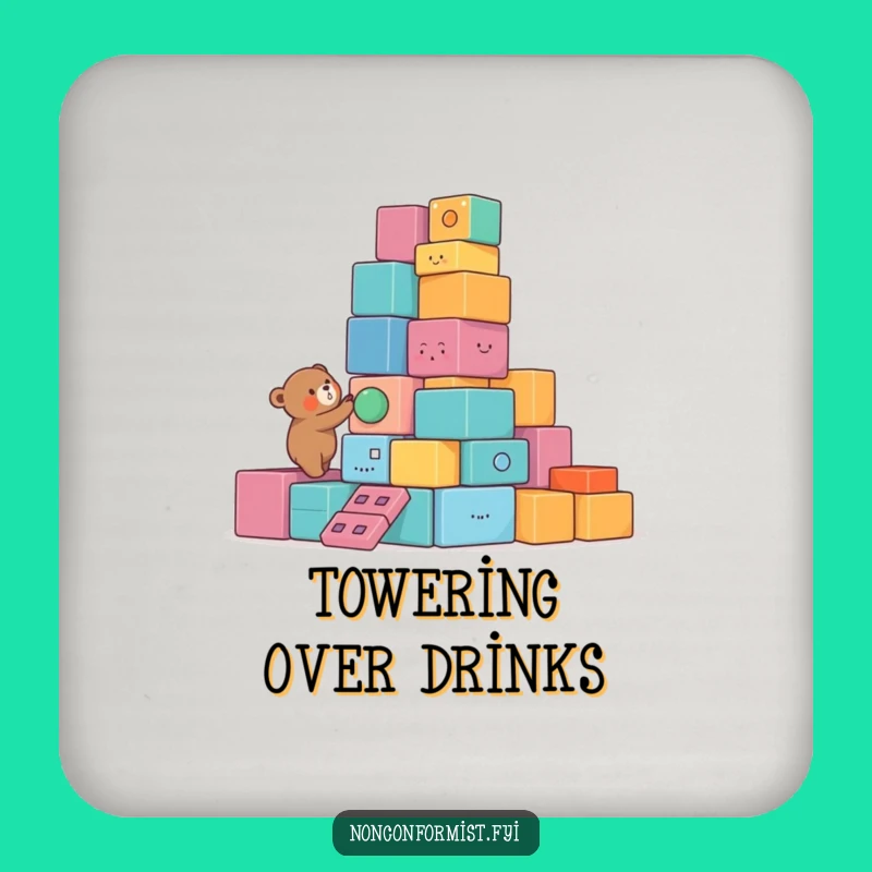 Funny Bear Coaster: Protect Surfaces Tower Builder, Colorful Blocks Style, Perfect Funny Gift