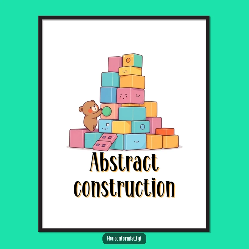 Funny Bear Poster: Lopsided Tower Art, Colorful Blocks Decor, Perfect Funny Gift