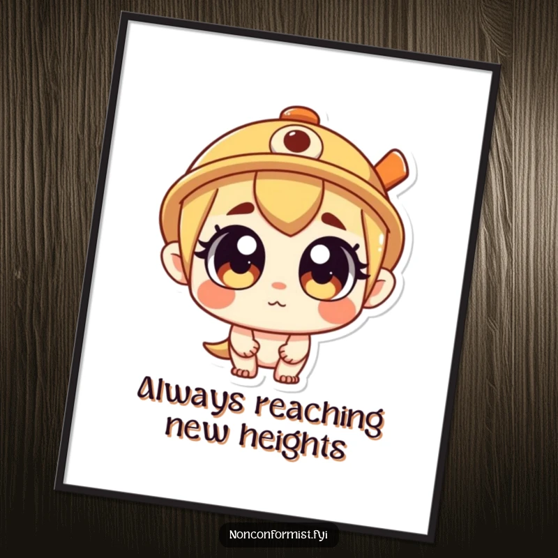 Funny Poster depicting a curious character with a propeller hat, radiating wonder and a sense of adventure. A visually engaging funny gift.