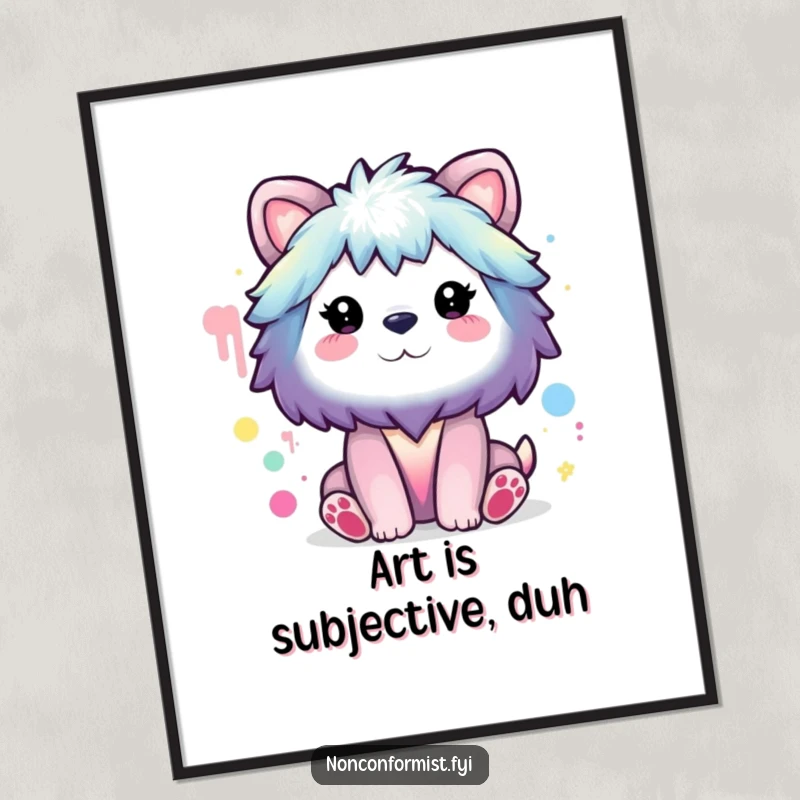 Funny Poster: Animal character painting a rainbow with bizarre colors, a humorous and vibrantly unconventional art piece.