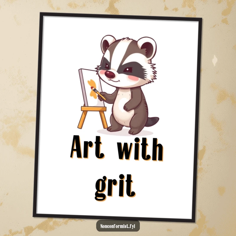 Funny badger with a determined expression painting a tilted canvas, presented as humorous wall art.