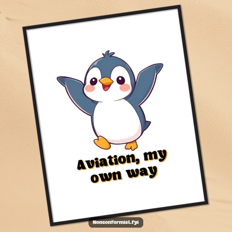 Funny kawaii penguin character with mismatched wings trying to fly, presented as funny wall art, perfect for adding humor to any room.