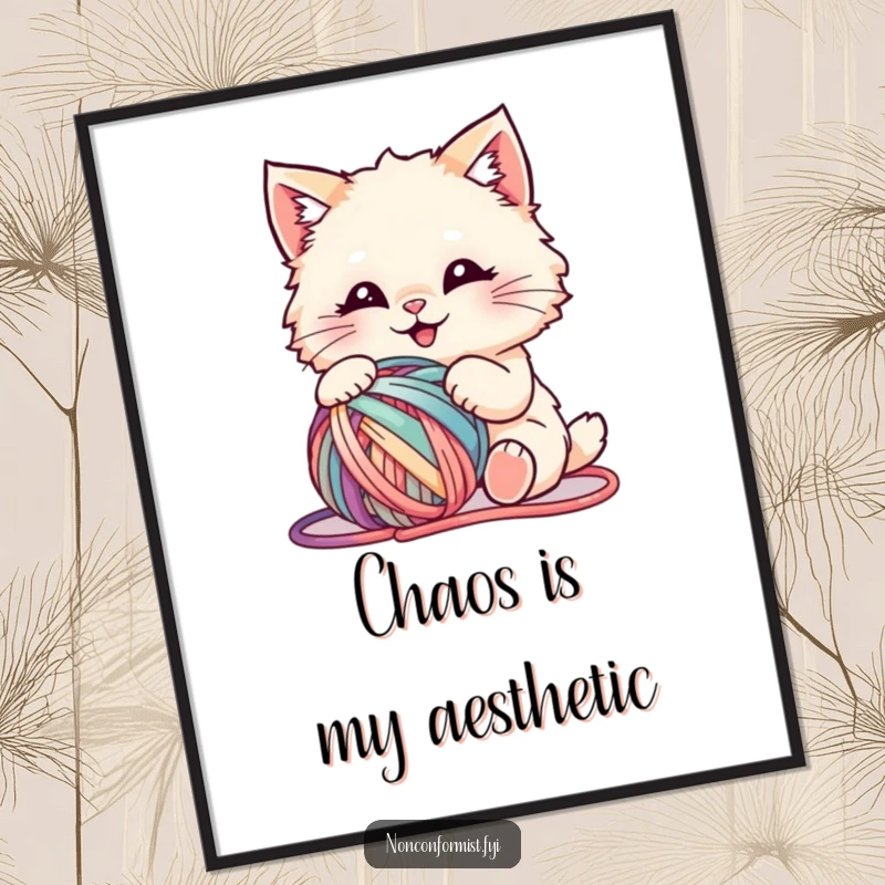 Funny poster of a fluffy cat joyfully enmeshed with a vibrant, clashing ball of yarn, capturing a moment of pure feline delight.