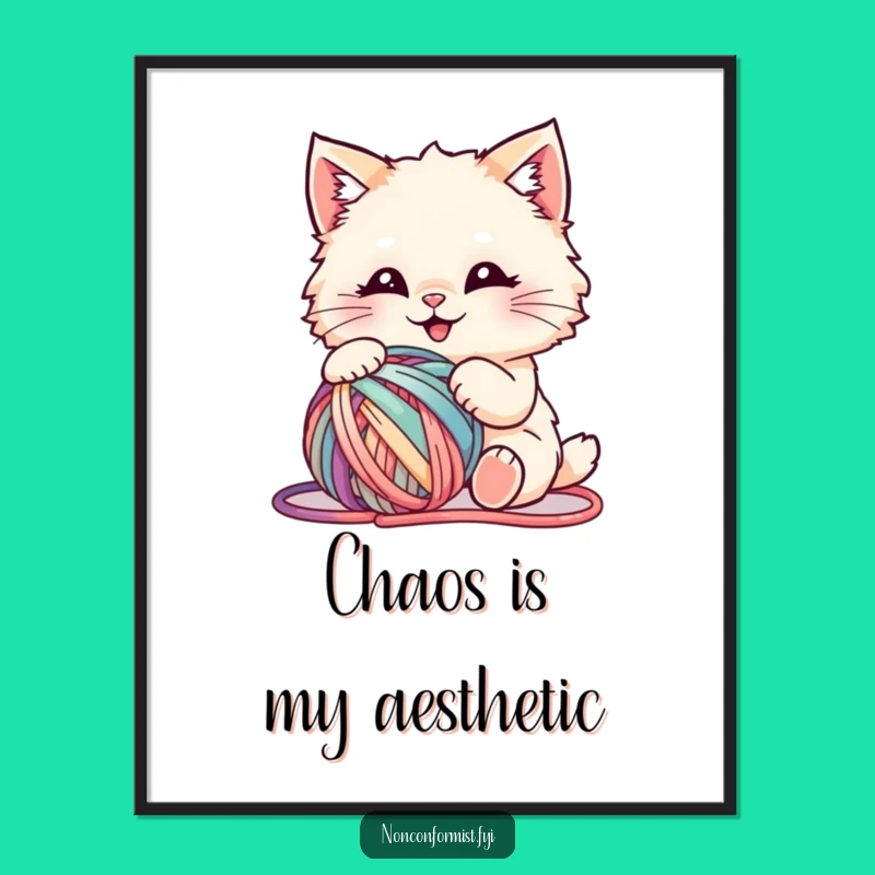 Funny Fluffy Cat Yarn Poster - Whimsical Wall Art for a Humorous Home