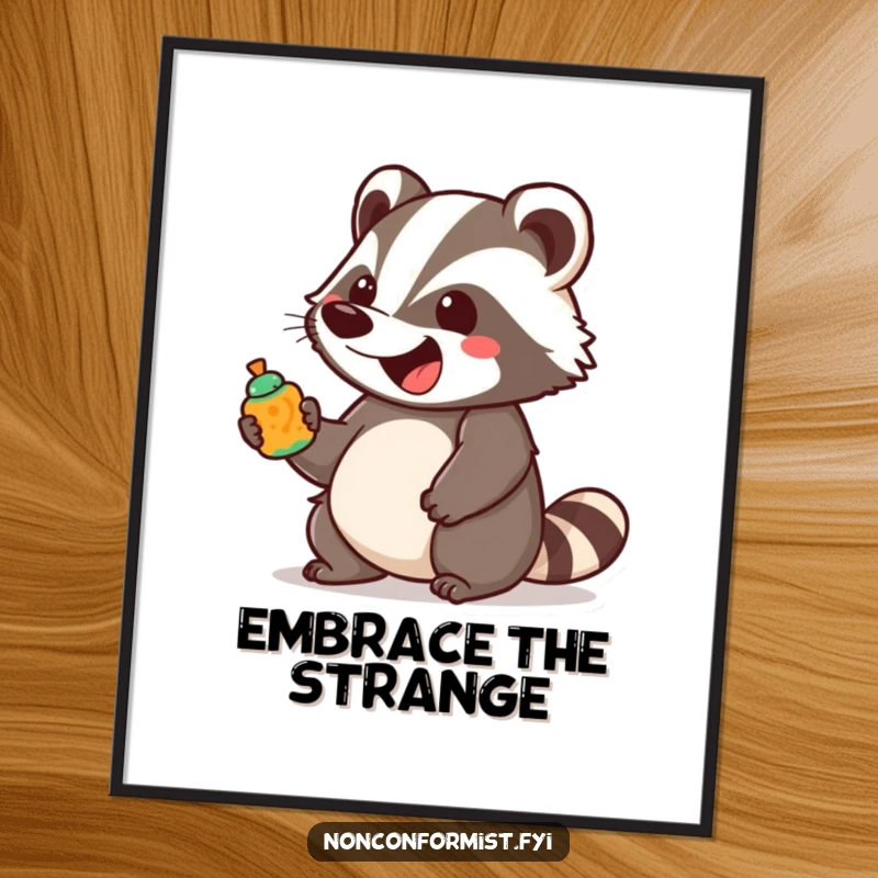 Funny unique badger character bounces with excitement holding a brightly colored, unusual object, displayed as cheerful wall art.