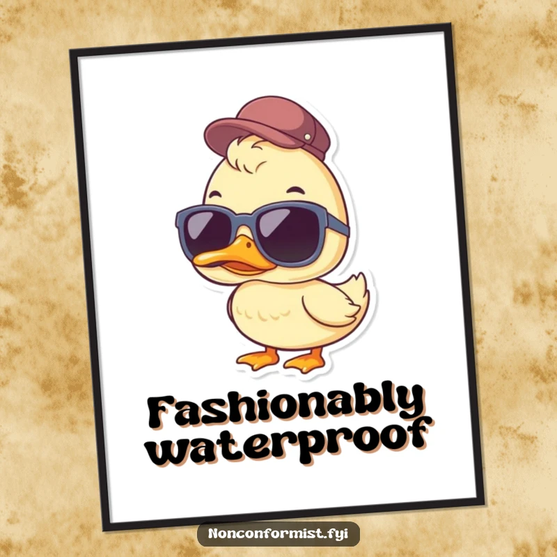 Funny Duck Poster: A duck sporting oversized sunglasses and a tiny jaunty cap, exuding cool humor for wall art.