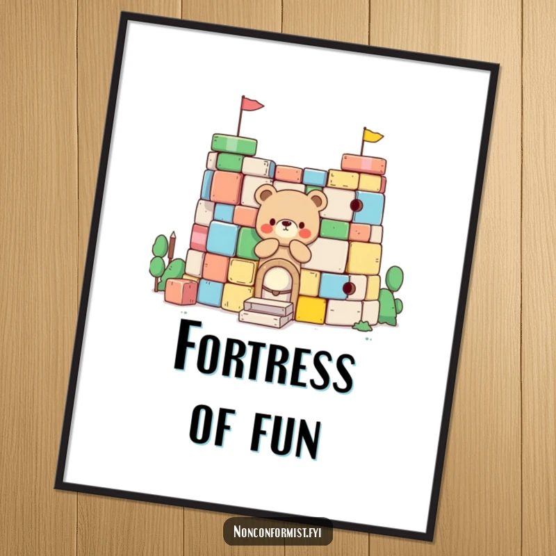 Funny Little Bear Poster: A small bear character is stacking oversized, colorful blocks to create a playful fort; a humorous art piece.