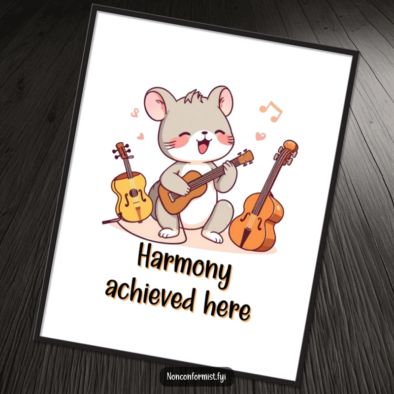 Funny poster of a tiny animal character energetically playing different-sized musical instruments, creating a vibrant and humorous composition.