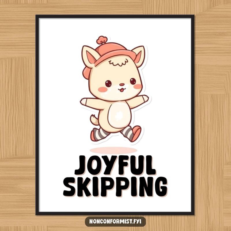 Funny animal poster illustrating a cute character in mismatched socks and a quirky hat, skipping with boundless energy and fun.